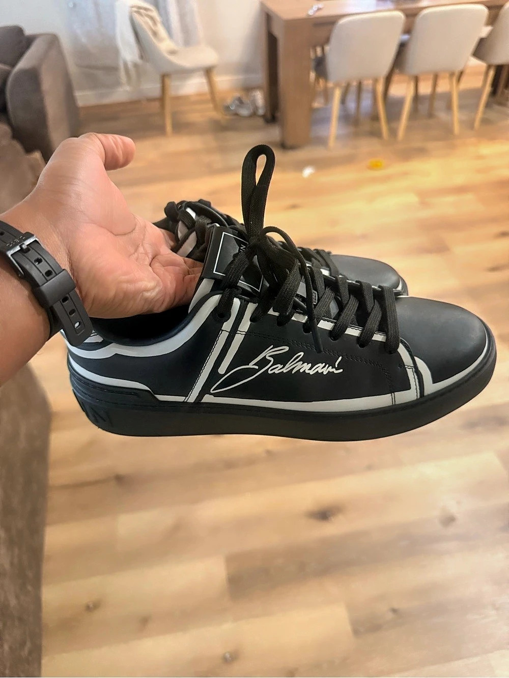 Balmain B-Court Logo-Print Leather Sneakers Men's Black & White